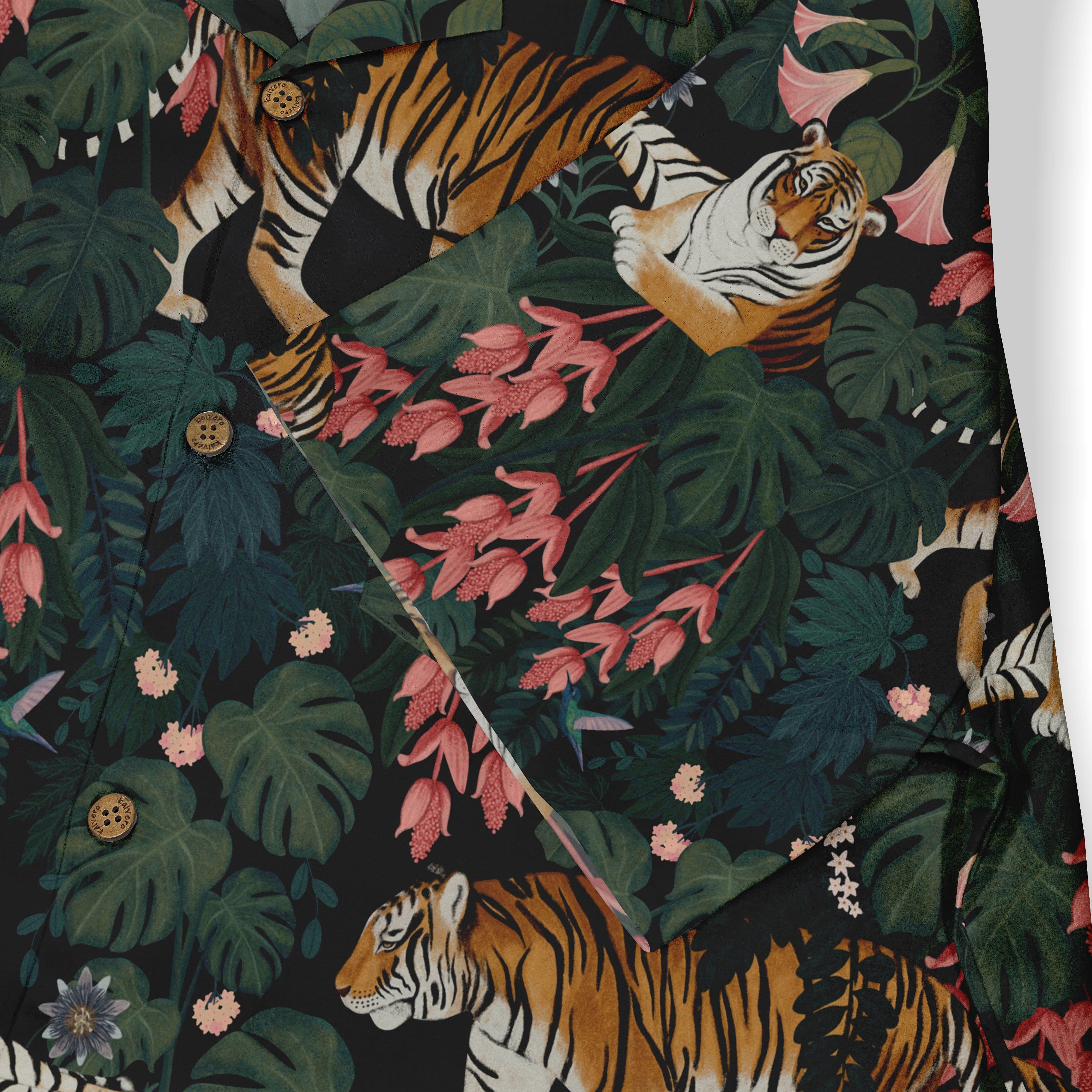 Tropical shirt with tiger, leaves, and flowers on dark background.
