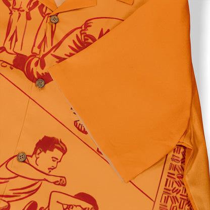 Orange shirt with red graphic print, featuring buttons and a bold.