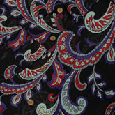 Black shirt with vibrant red, purple, and white paisley pattern.