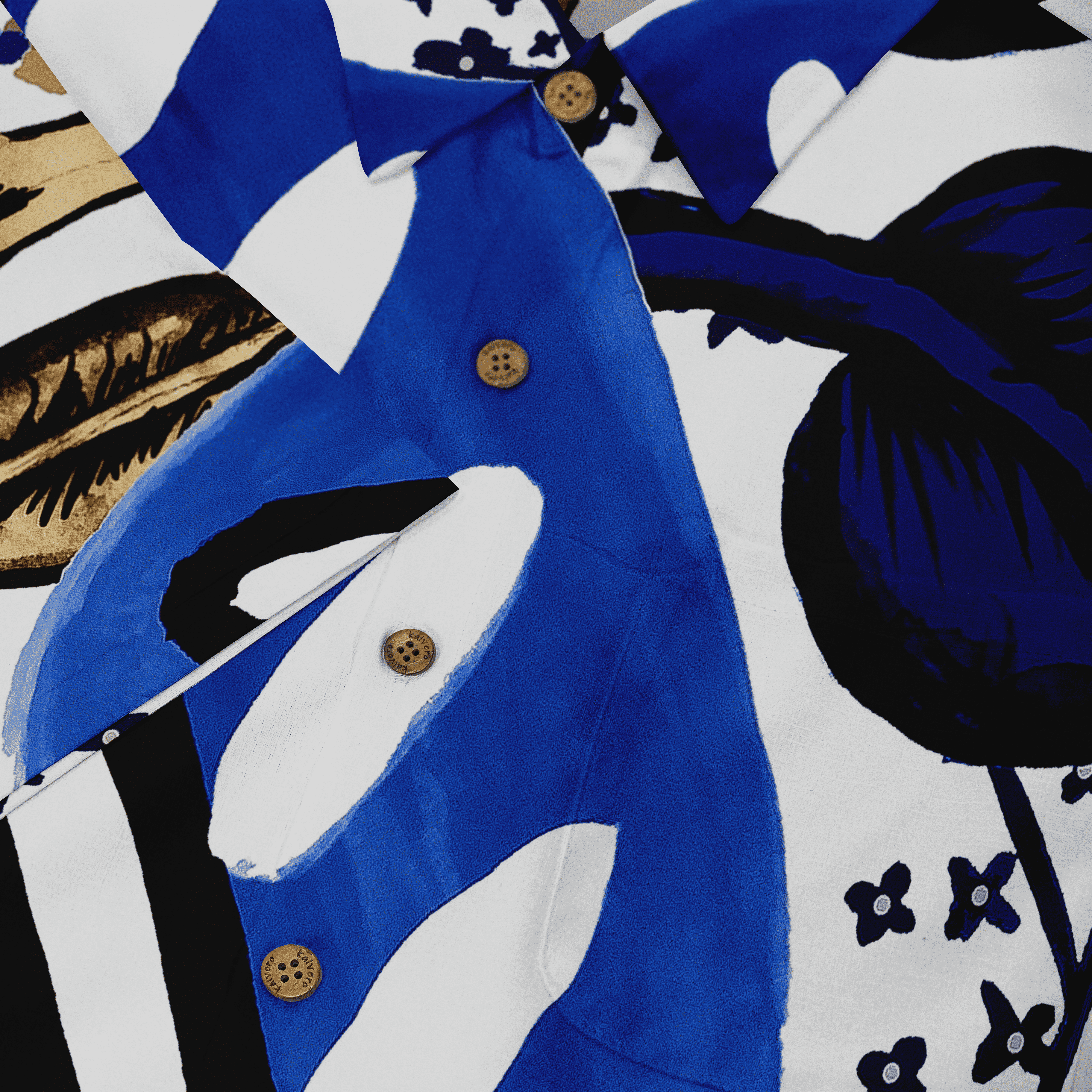 Blue and white floral shirt with wooden buttons, bold patterns.