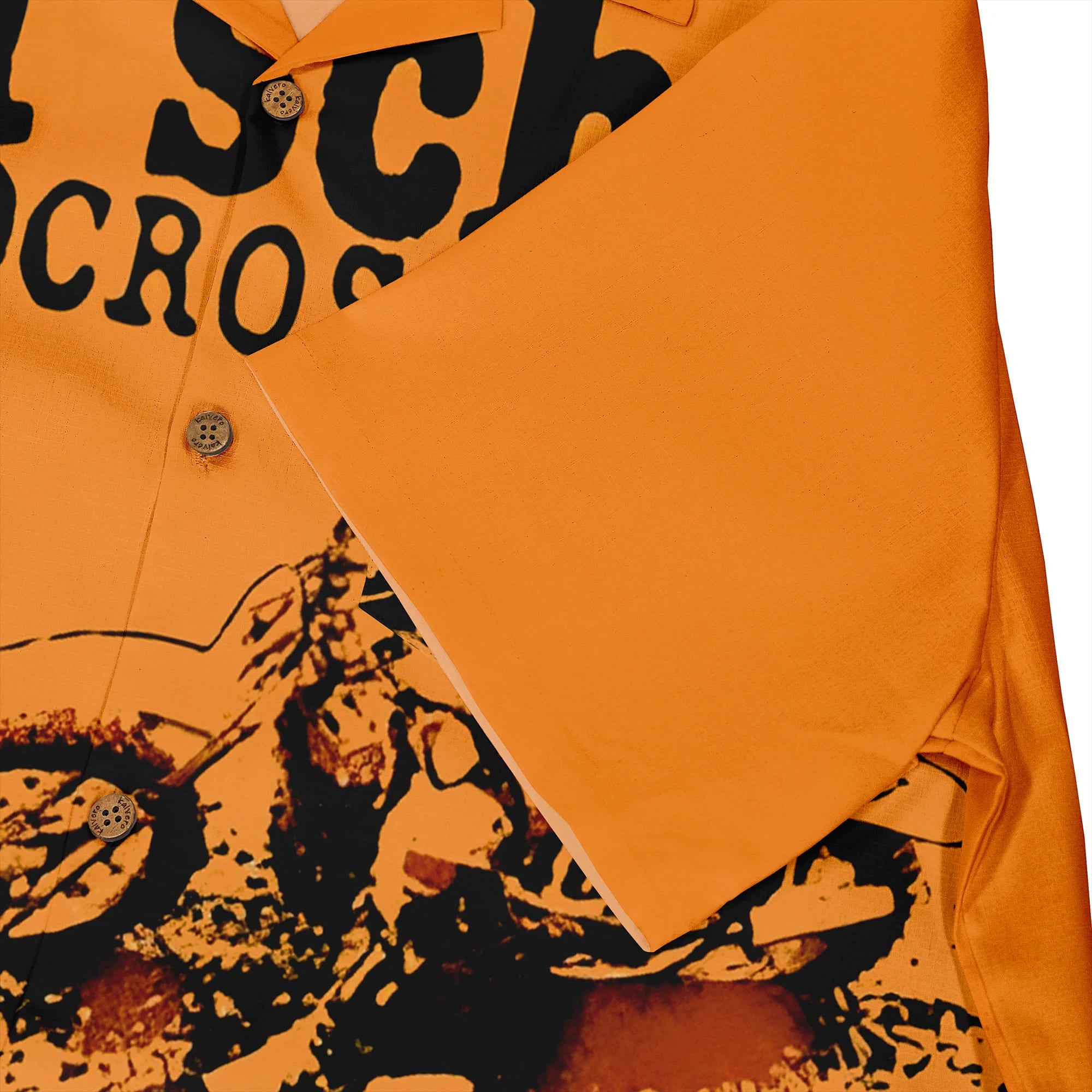 Orange shirt with bold black text and graphic print, featuring.