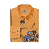 Orange shirt with sports graphic, blue stripes, and button details.