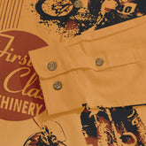 Orange shirt with graphic print, "First Class Machinery" text.