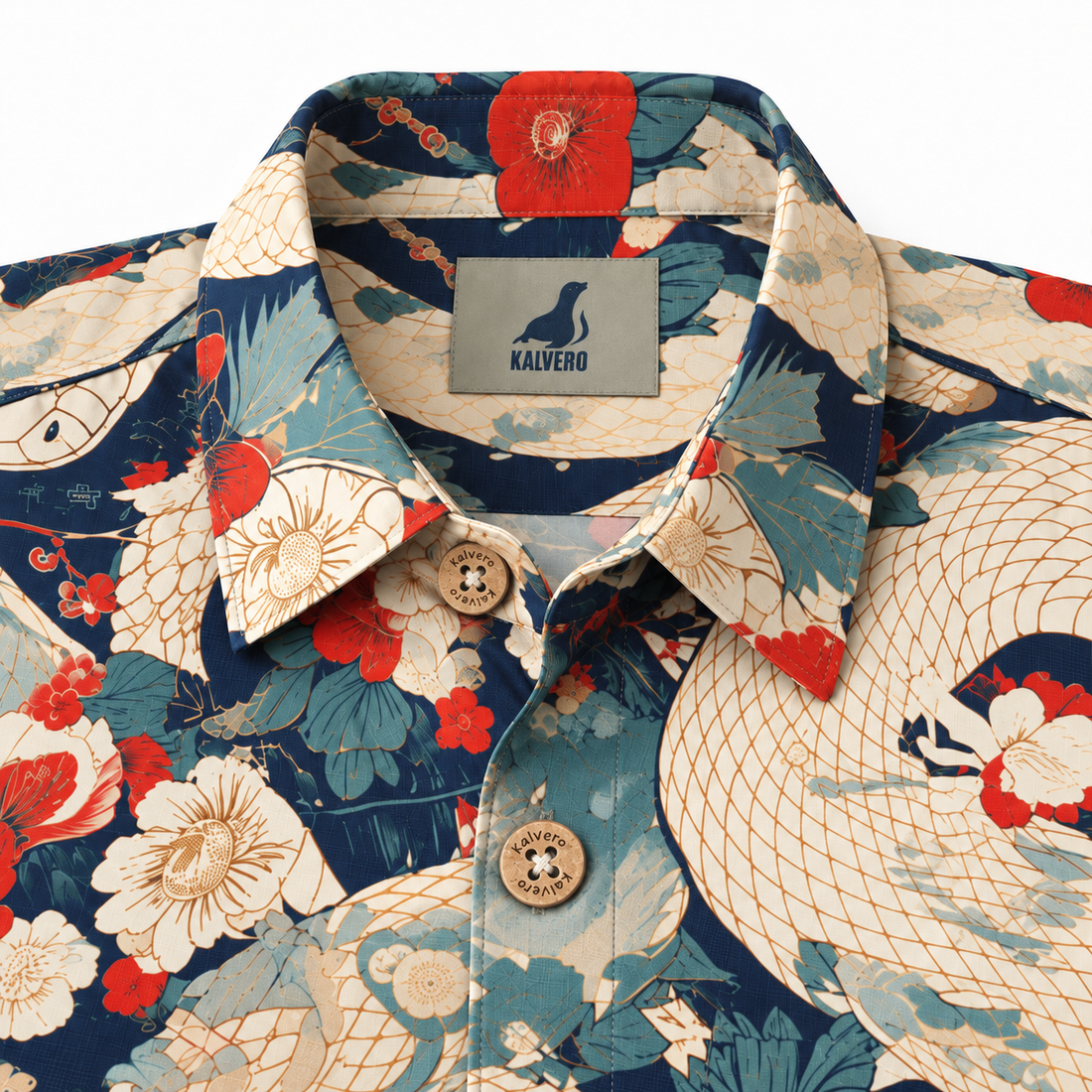 KALVERO Serpent Blossom shirt: collar and centered neck label.