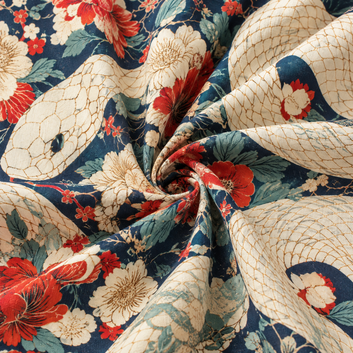 KALVERO Serpent Blossom shirt fabric close-up: ivory snakes and red flowers on navy, with a fine visible weave.