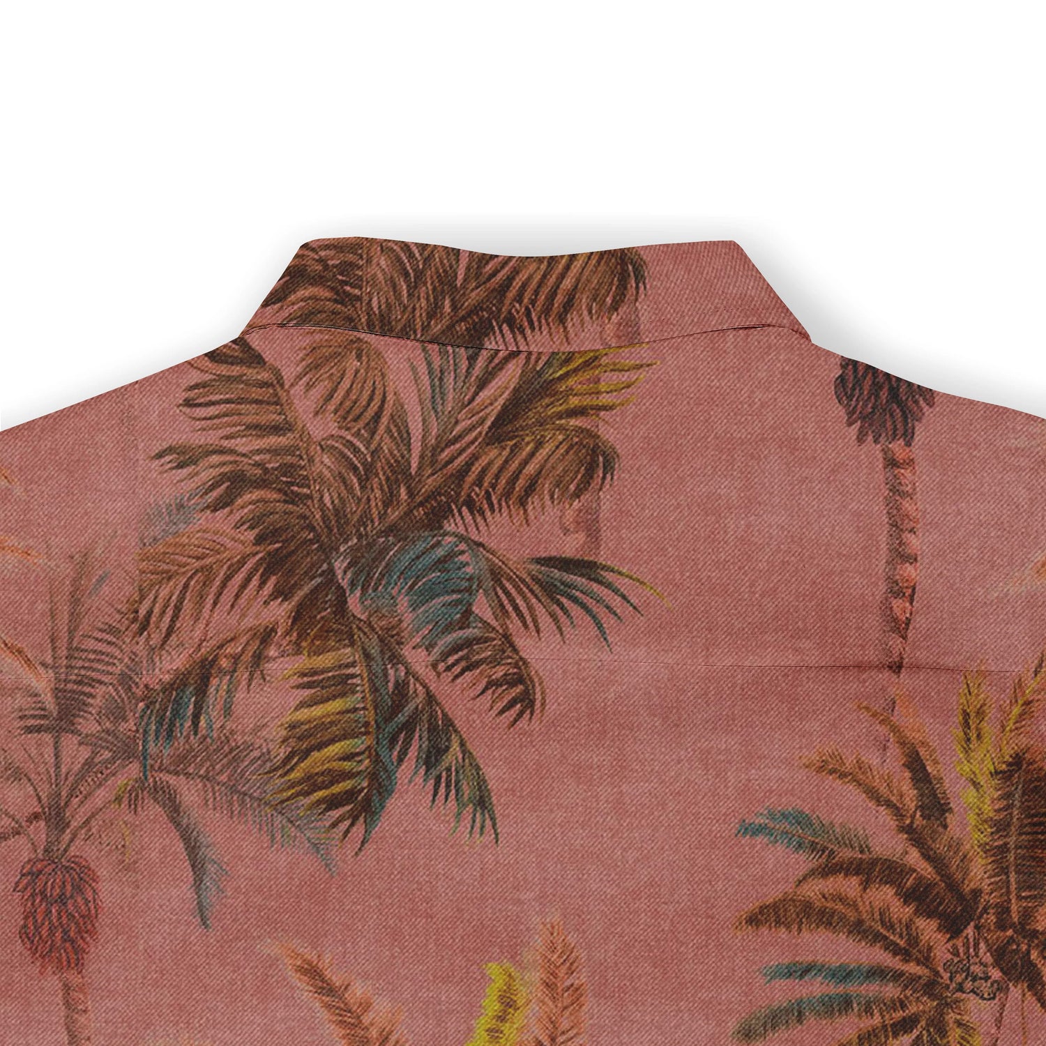 Pink shirt with tropical palm print, featuring a collar and vibrant.