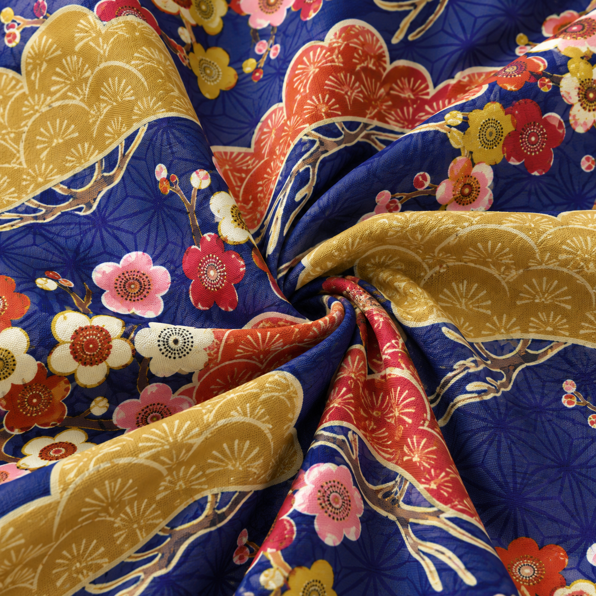 KALVERO Japanese Skyscape: fabric detail showing ochre and rust Japanese pines with plum blossoms over an indigo geometric lattice.