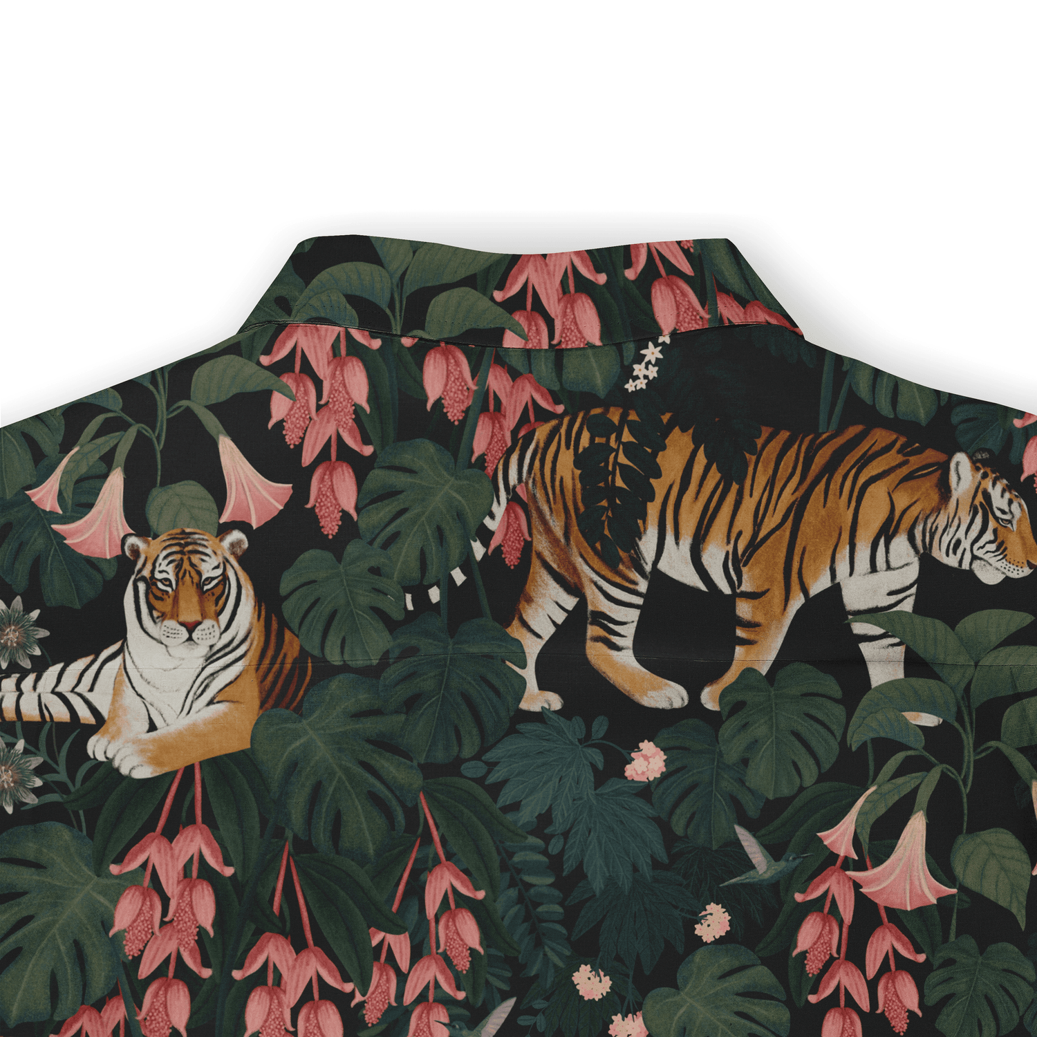 Tropical shirt with tigers, pink flowers, and green leaves on a dark.