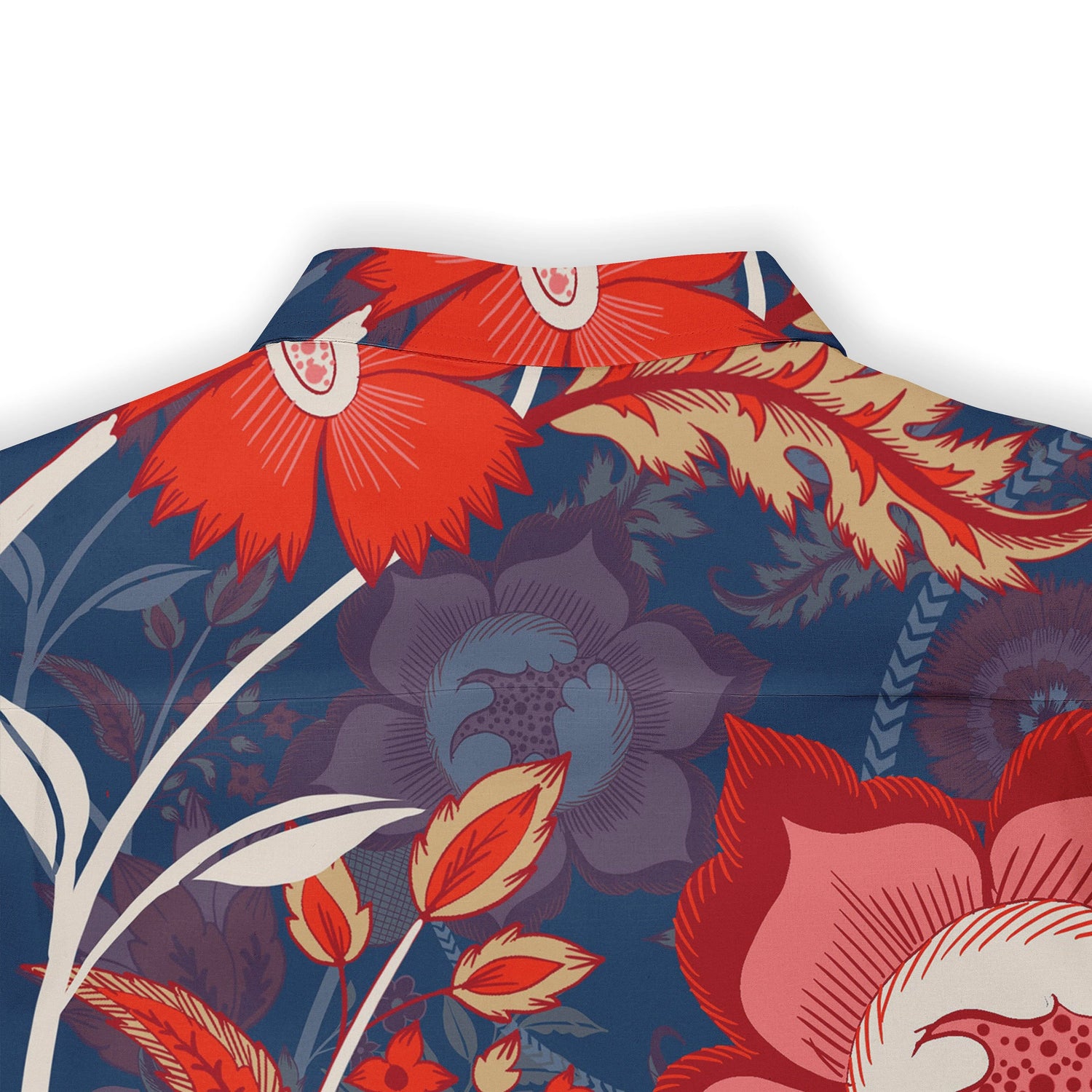 Vibrant floral pattern on a dark blue background with red, pink.