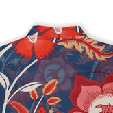 Vibrant floral pattern on a dark blue background with red, pink.