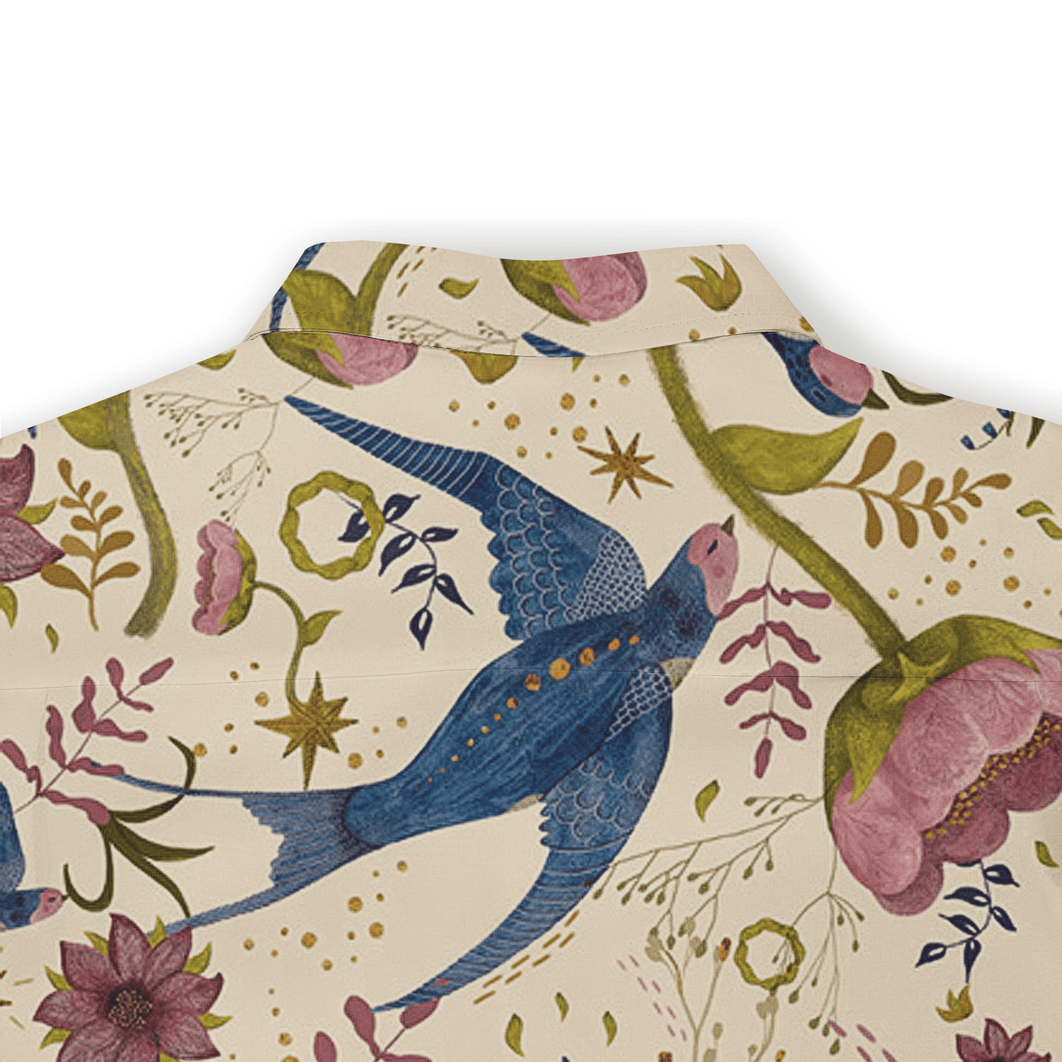 Beige fabric with blue birds, pink flowers, green leaves, and gold.