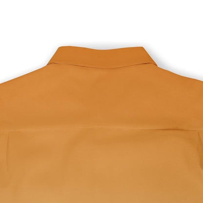 Mustard-colored shirt with a stand-up collar and smooth fabric.