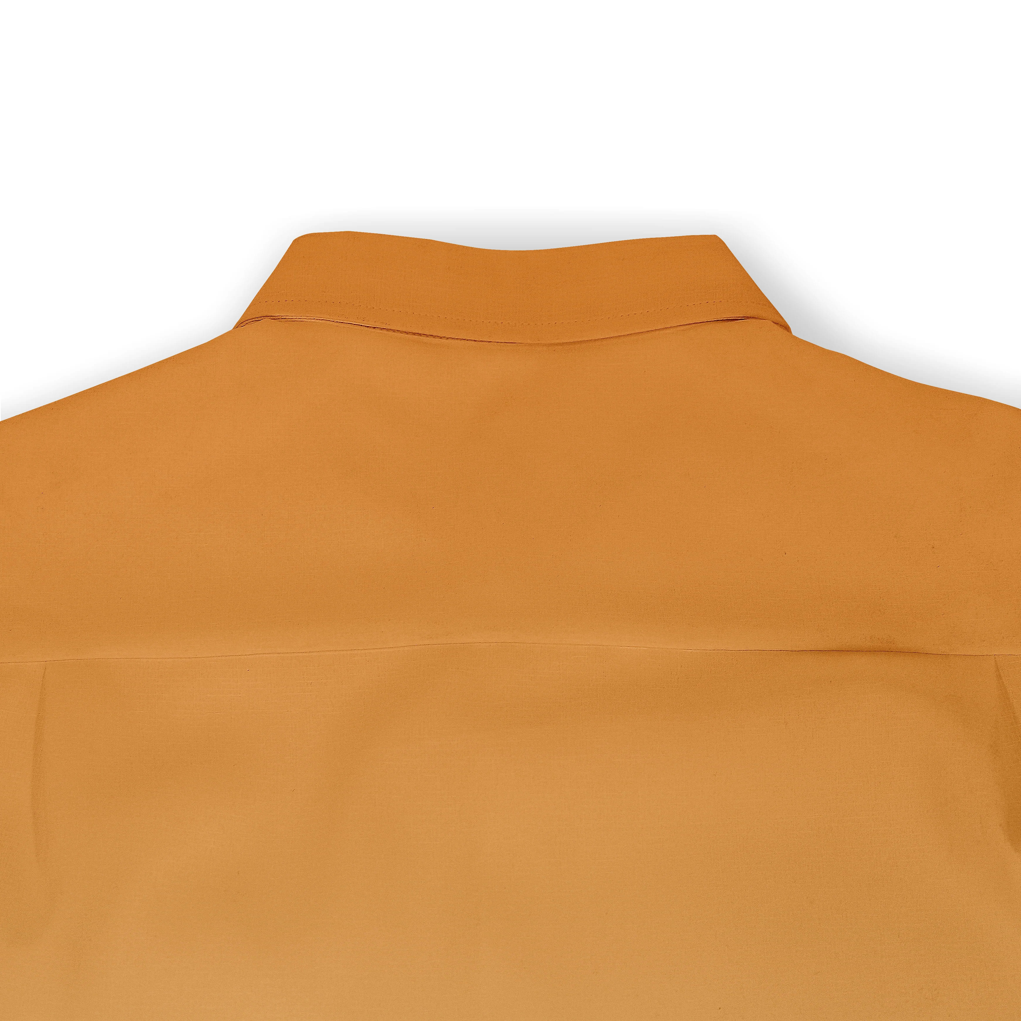 Mustard-colored shirt with a stand-up collar and smooth fabric.