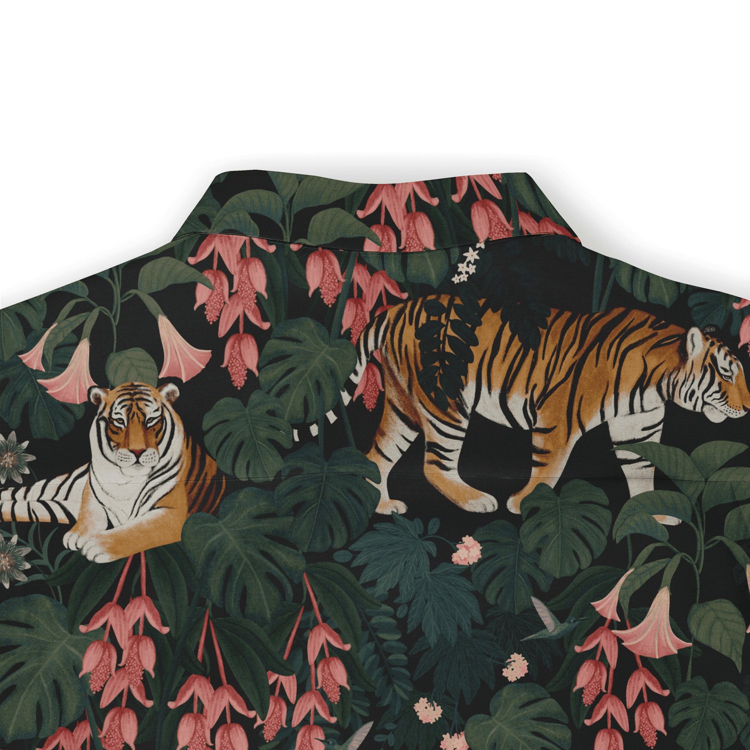 Tropical shirt with tigers, pink flowers, and green leaves on a dark.