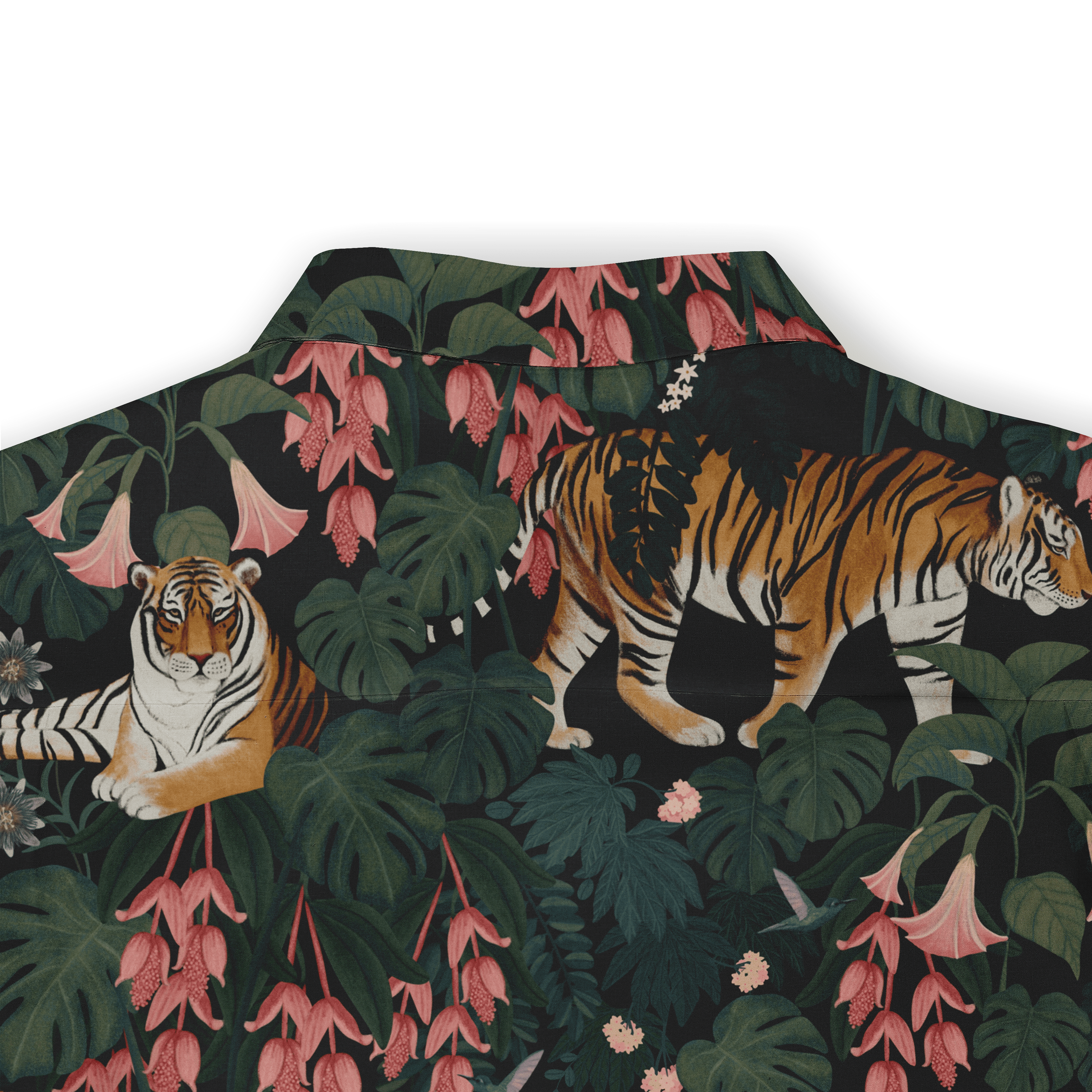 Tropical shirt with tigers, pink flowers, and green leaves on a dark.