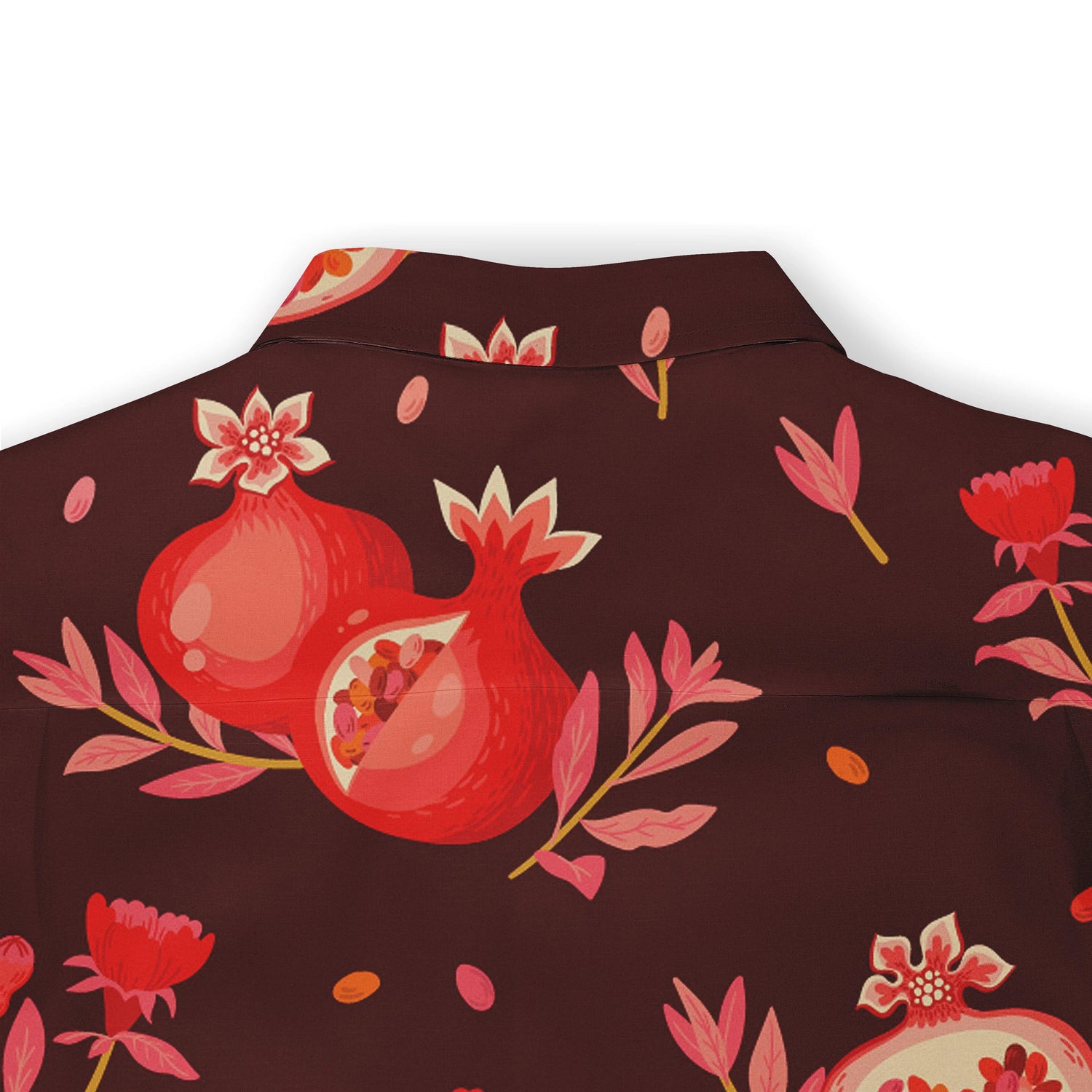 Dark brown shirt with vibrant red pomegranate and floral pattern.