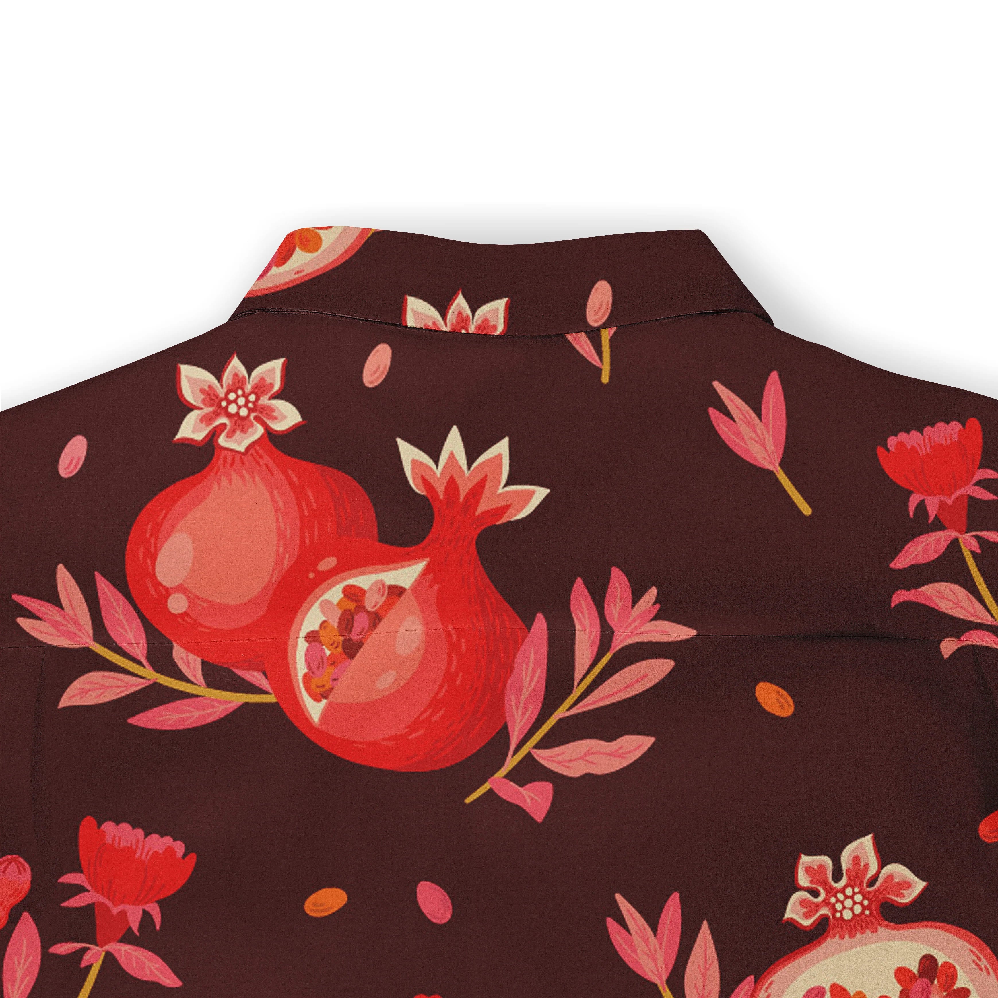 Dark brown shirt with vibrant red pomegranate and floral pattern.