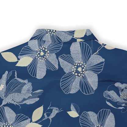 Navy blue shirt with white floral pattern and detailed stitching.
