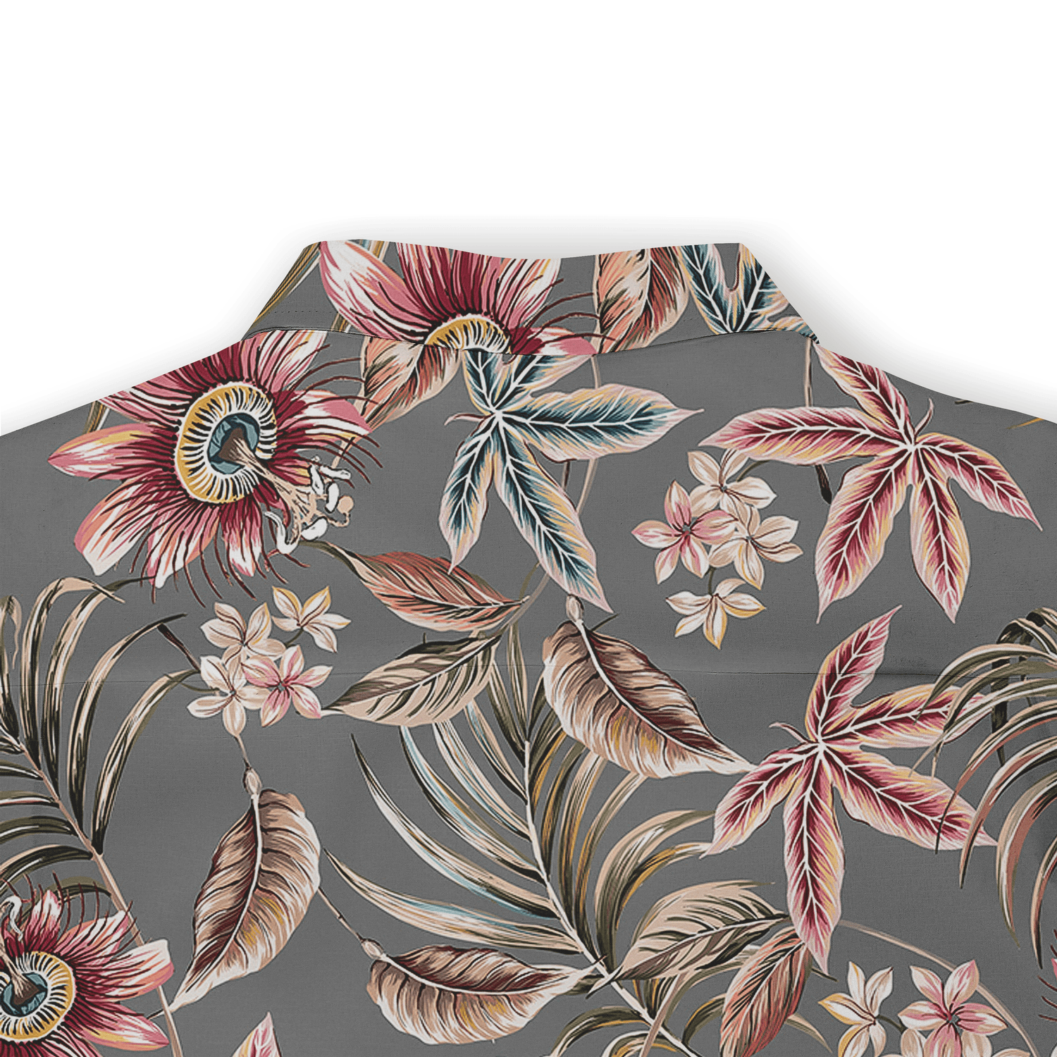 Floral-patterned shirt with vibrant tropical flowers and leaves.