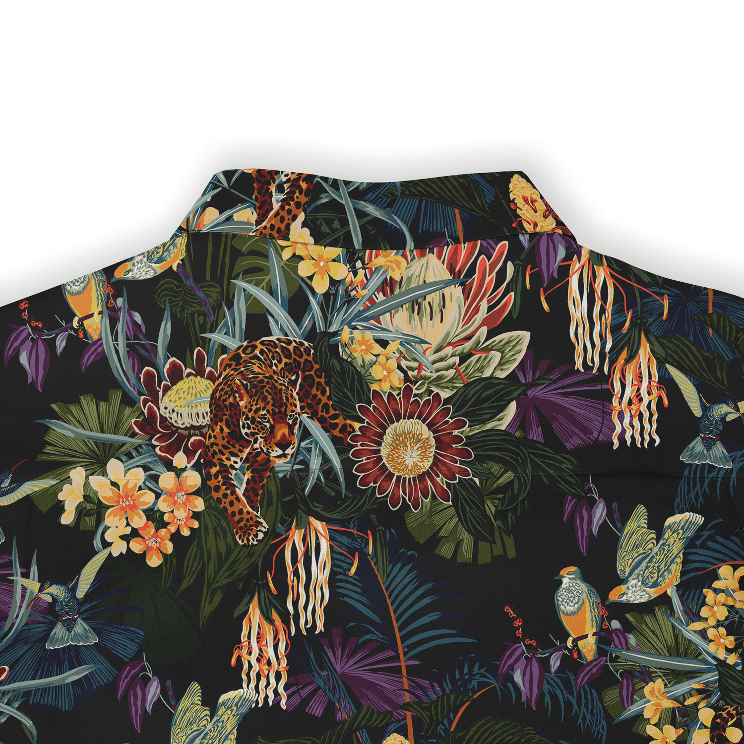 Tropical print shirt with vibrant flowers, birds, and a leopard.