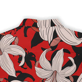 Red shirt with bold floral pattern featuring white and black flowers.