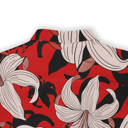 Red shirt with bold floral pattern featuring white and black flowers.