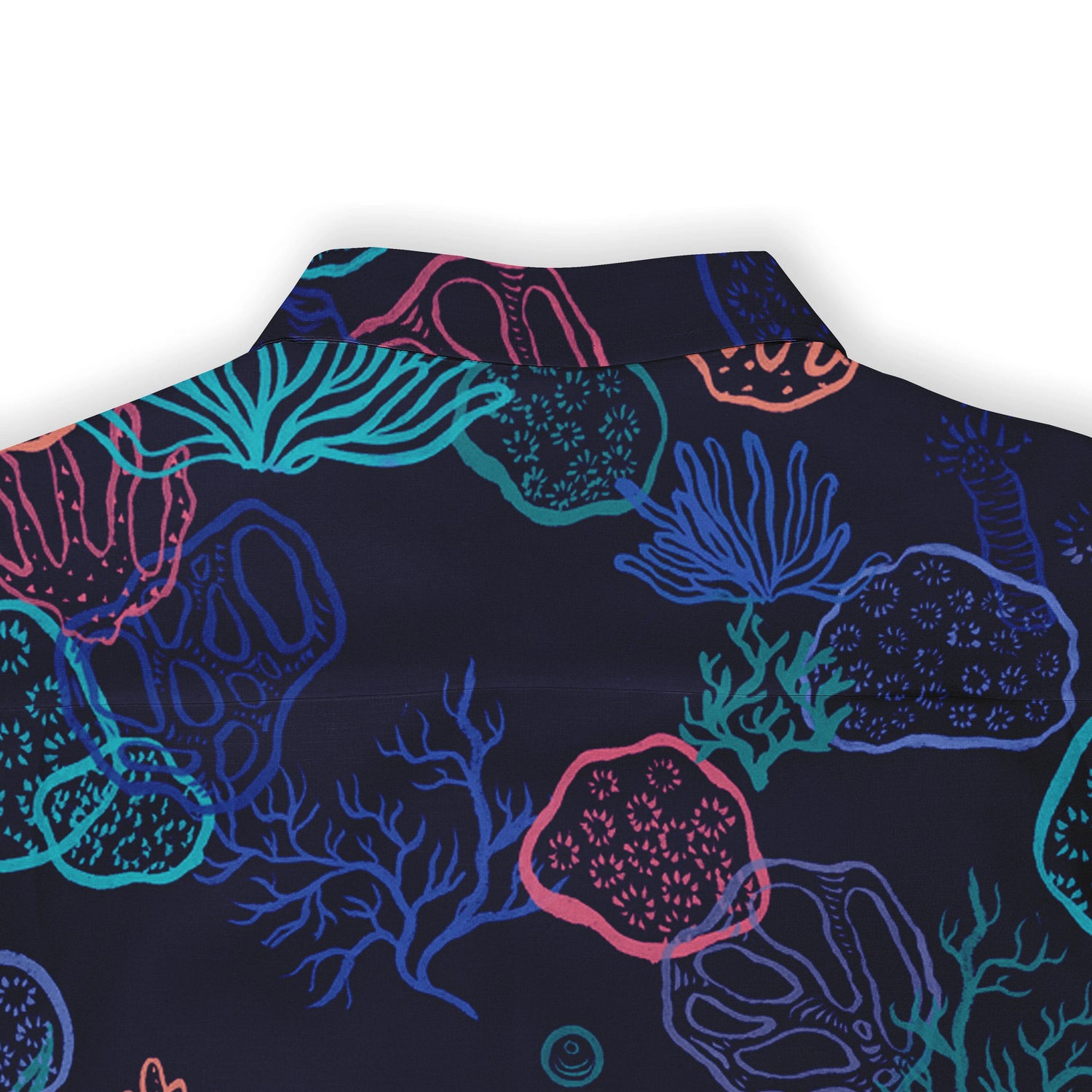 Dark blue shirt with vibrant coral and sea life pattern in pink.