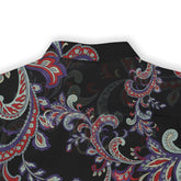 Black shirt with vibrant red, purple, and white paisley pattern.