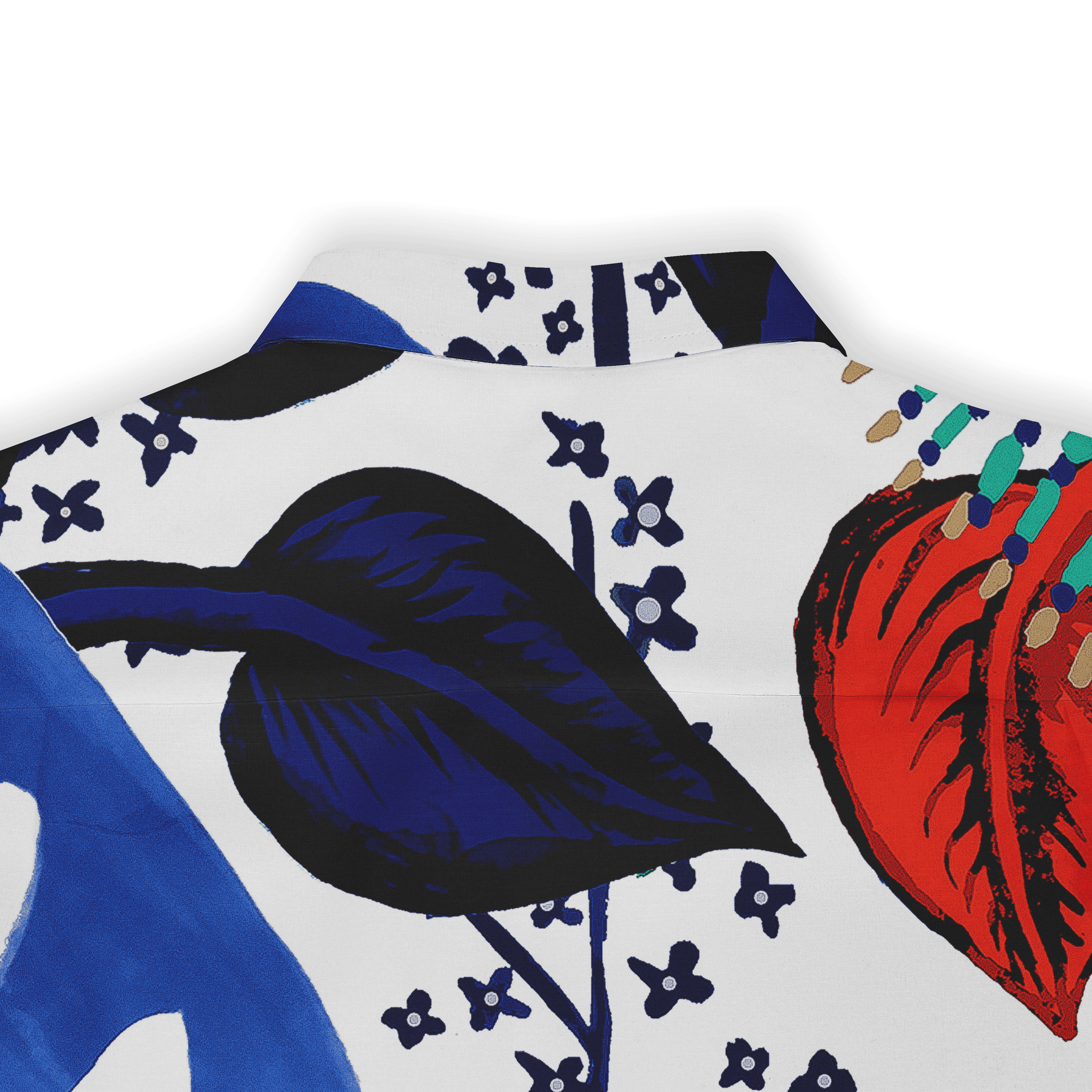 Vibrant floral pattern with bold red, blue, and black leaves.