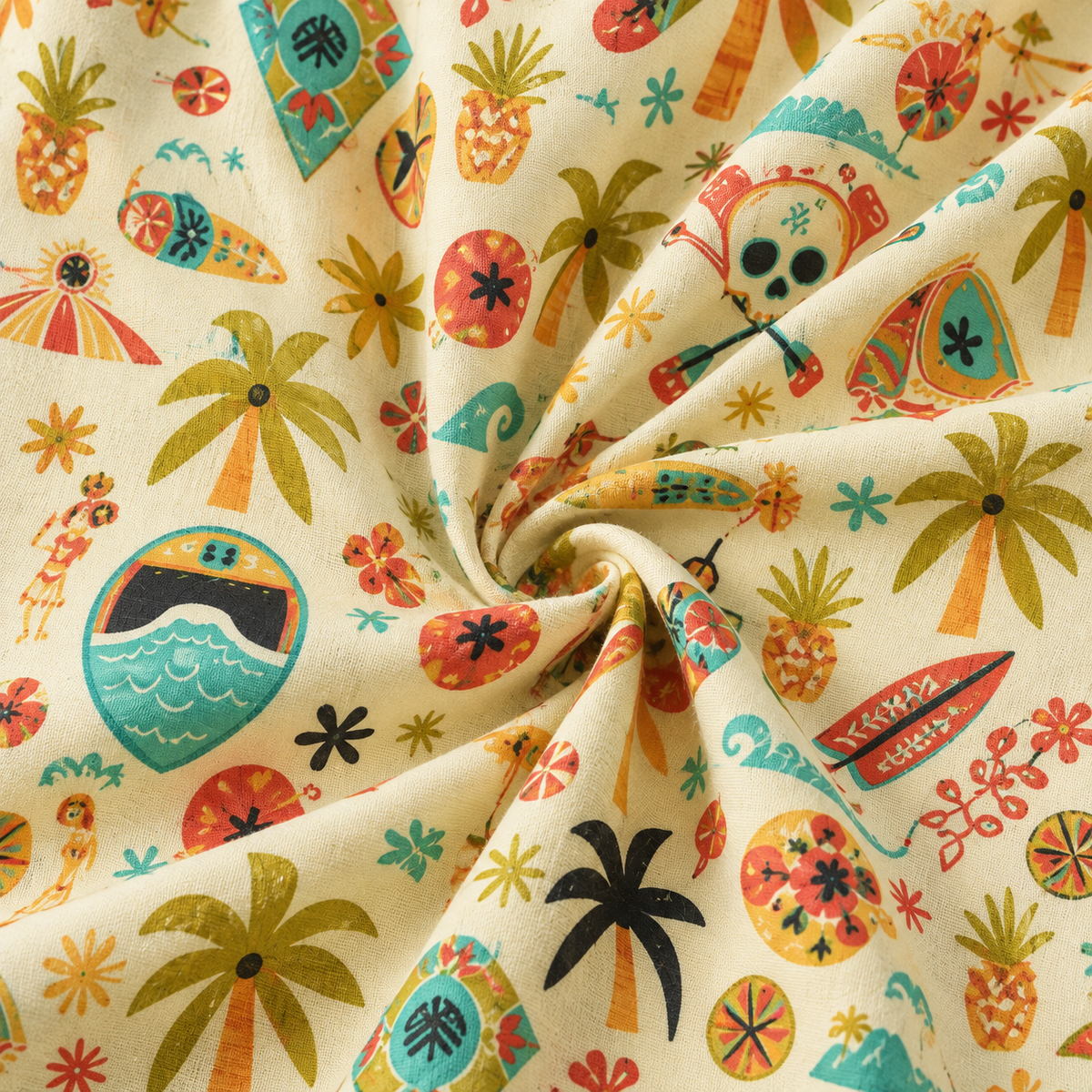 KALVERO Adventure Awaits: fabric detail showing small retro palms, surfboards, waves and colorful tiki-skull adventure motifs on pale ivory.