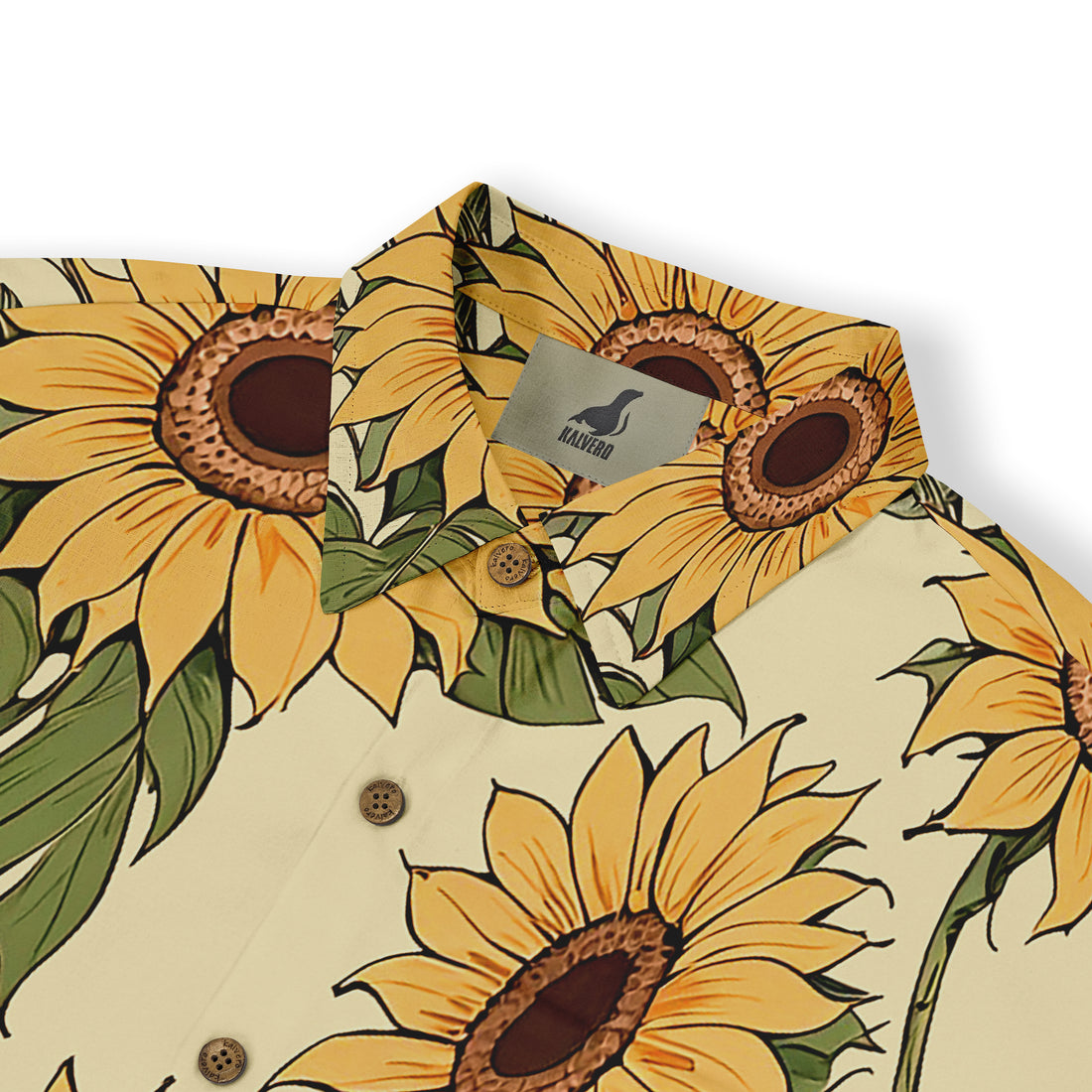Sunflower print shirt with buttons and brand tag.