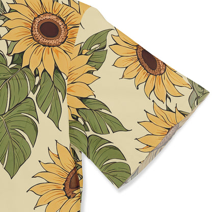Sunflower and leaf patterned fabric with vibrant yellow blooms.