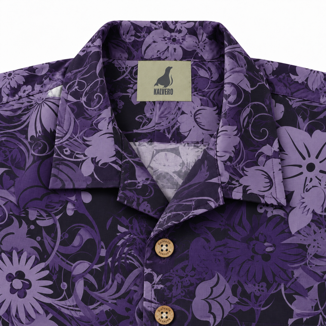 KALVERO Purple Elegance shirt: collar and centered neck label.