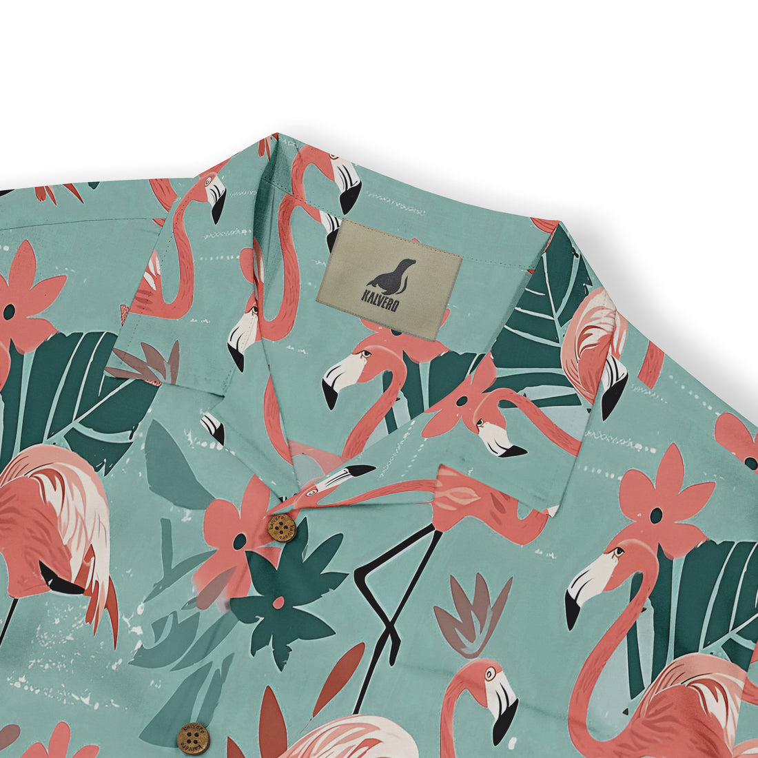 Tropical flamingo print shirt with vibrant pink birds, flowers.