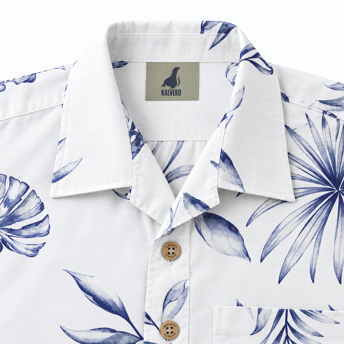 KALVERO Midnight Tropics shirt: collar and centered neck label.