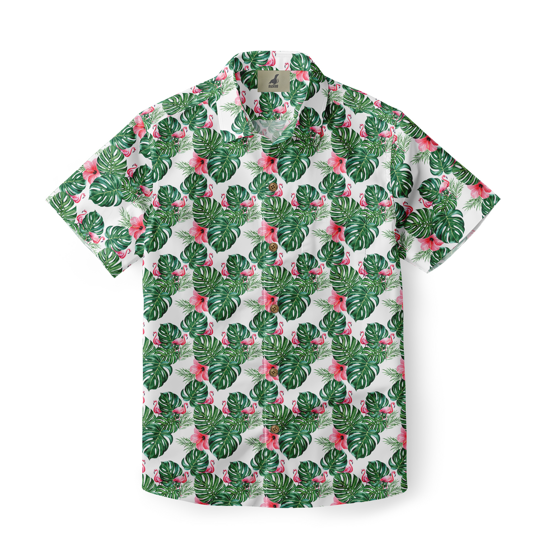 White shirt with green leaves and pink flamingo pattern.