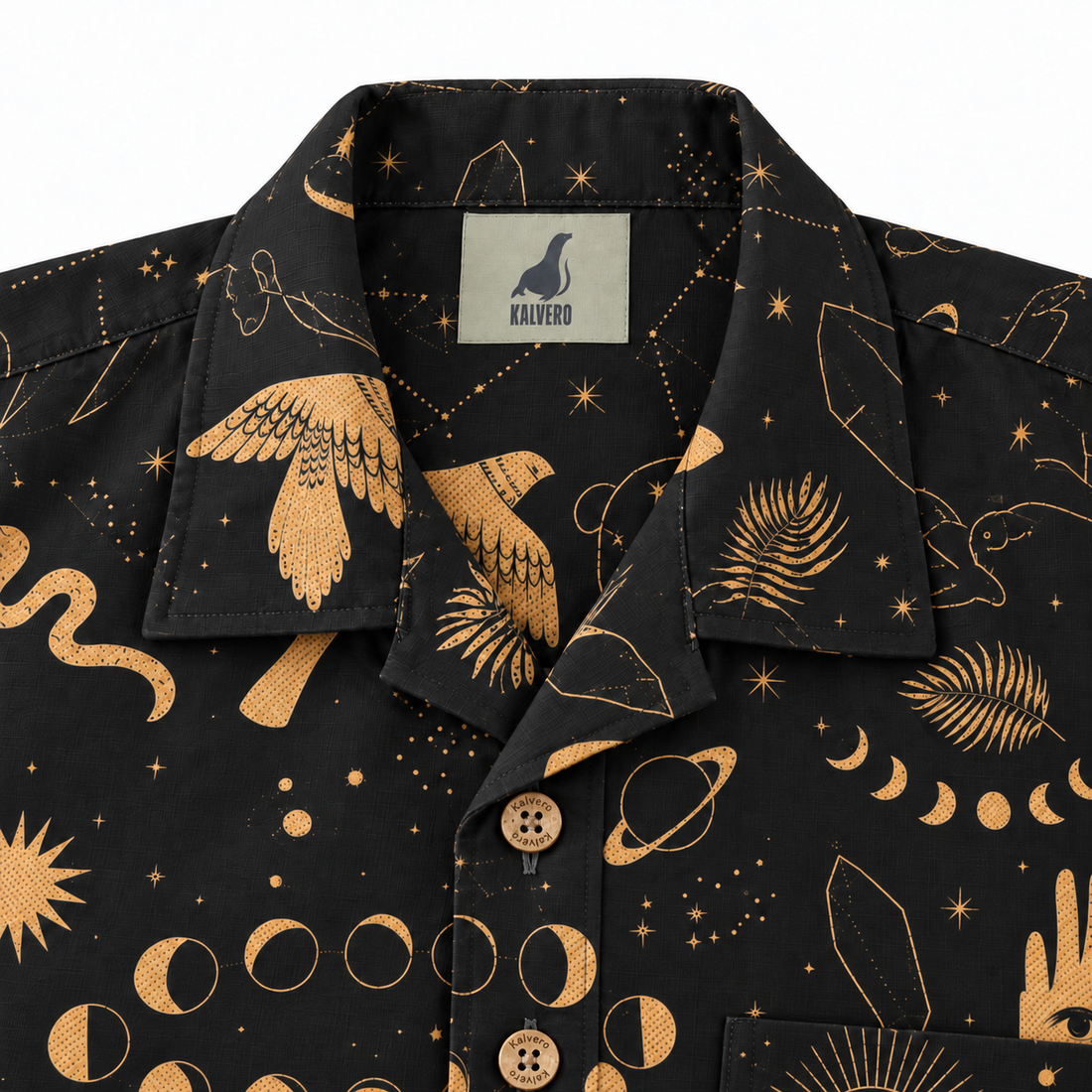 KALVERO Astral Enigma shirt: collar and centered neck label.