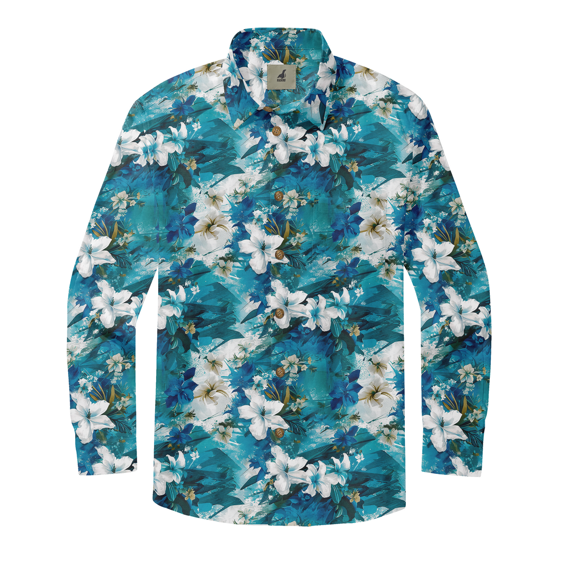 Blue floral long-sleeve shirt with white and blue flowers, green.