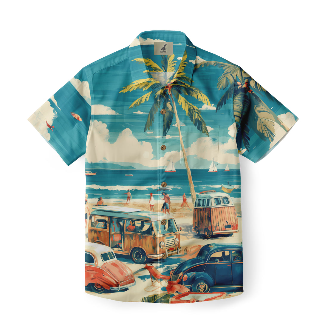 Vibrant Hawaiian shirt featuring a tropical beach scene with vintage.
