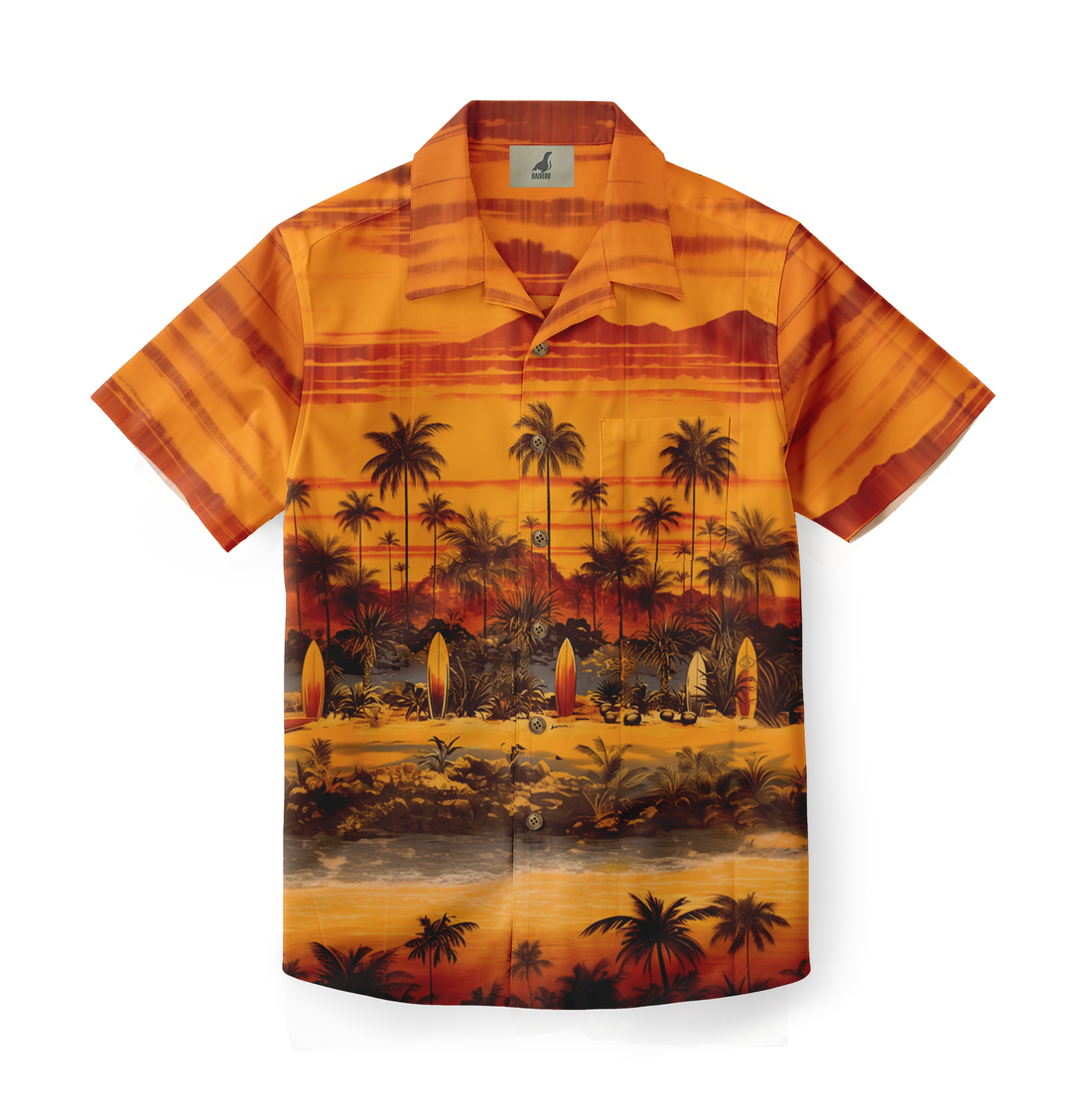 Vibrant orange Hawaiian shirt with palm trees, surfboards, and sunset.
