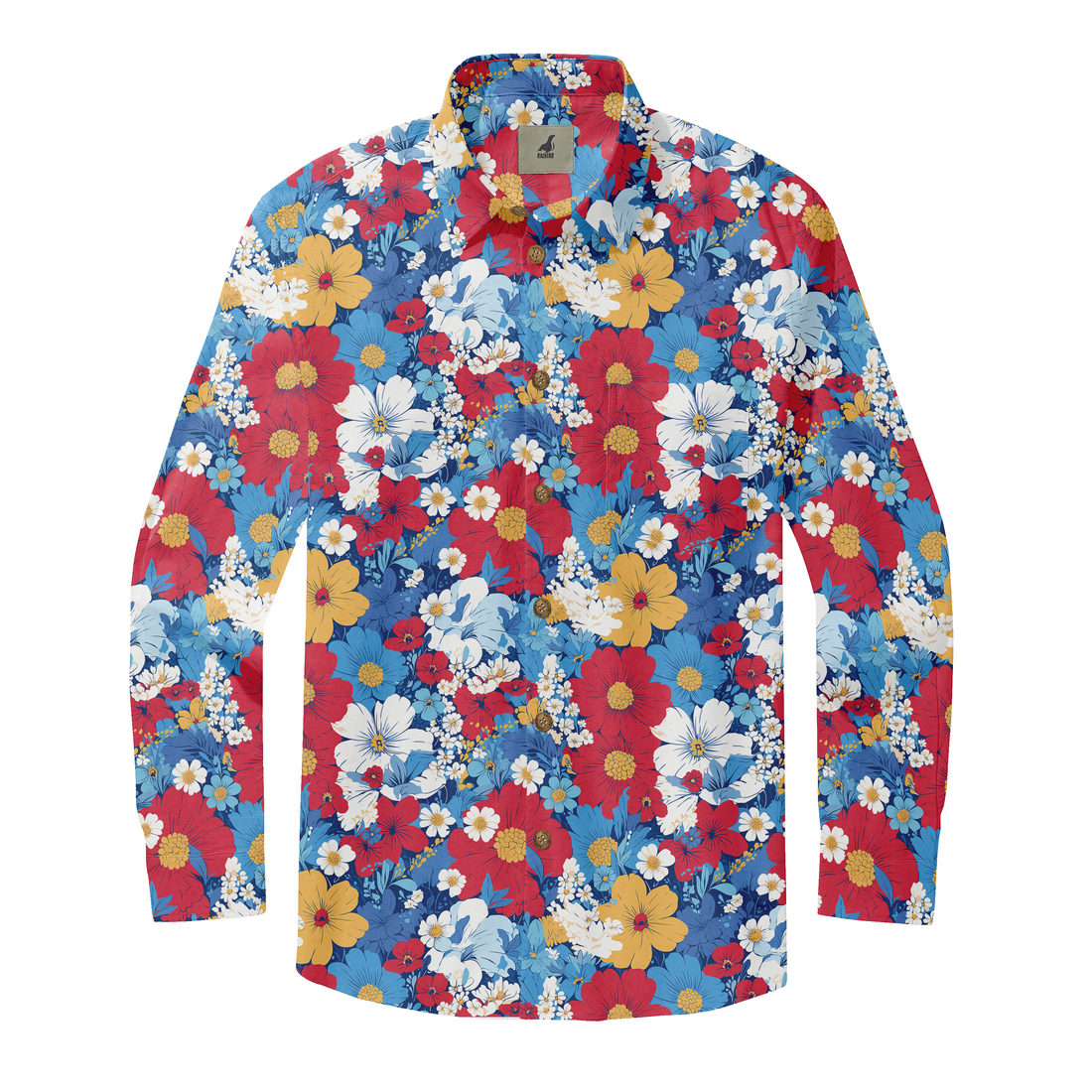 Vibrant floral long-sleeve shirt with red, blue, yellow, and white.