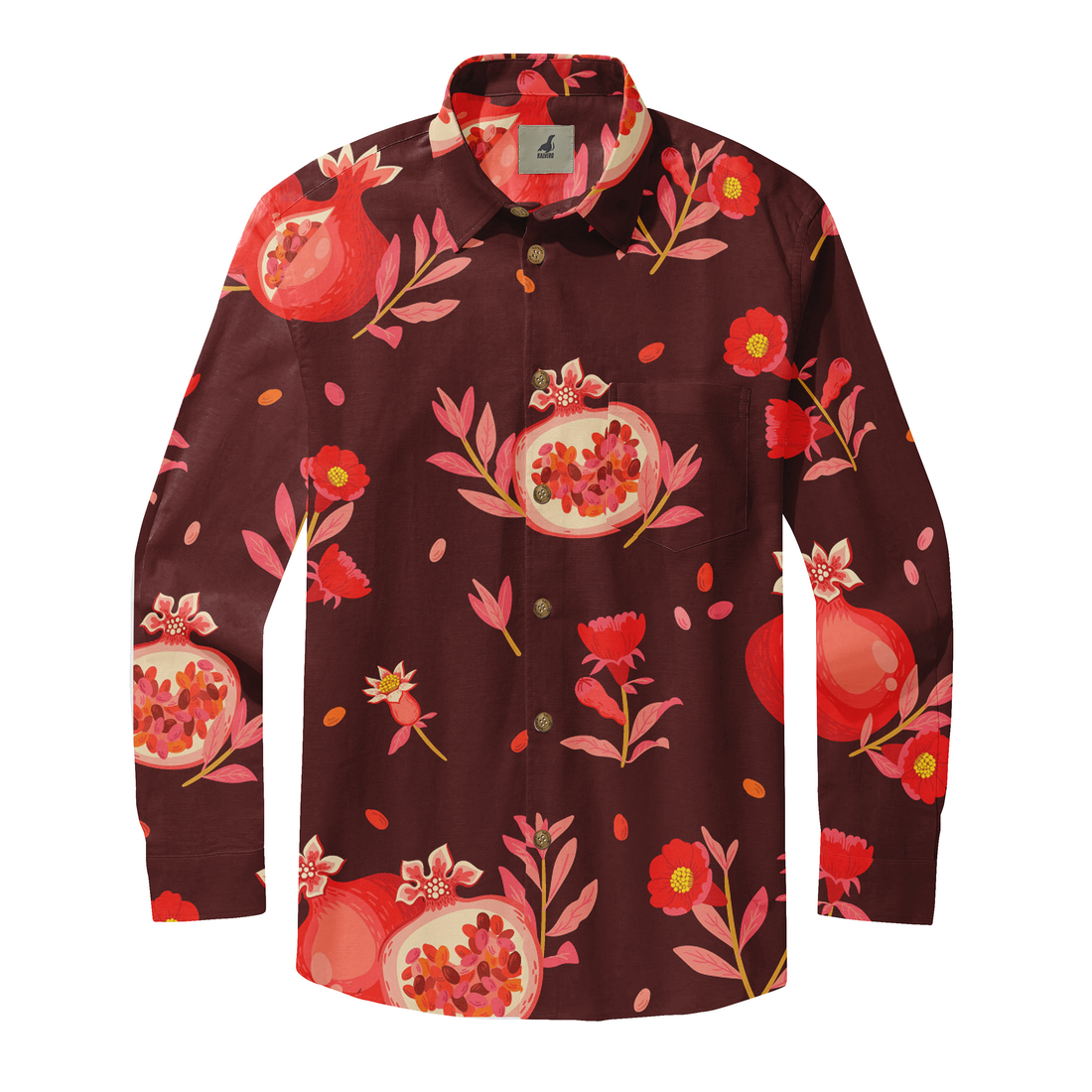A dark red shirt with a vibrant pomegranate and floral pattern.