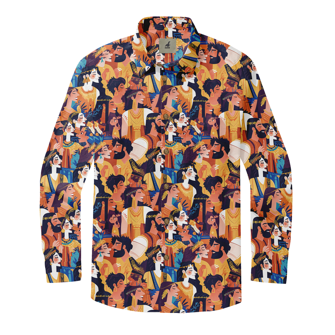 Vibrant long-sleeve shirt with colorful Egyptian-themed pattern.