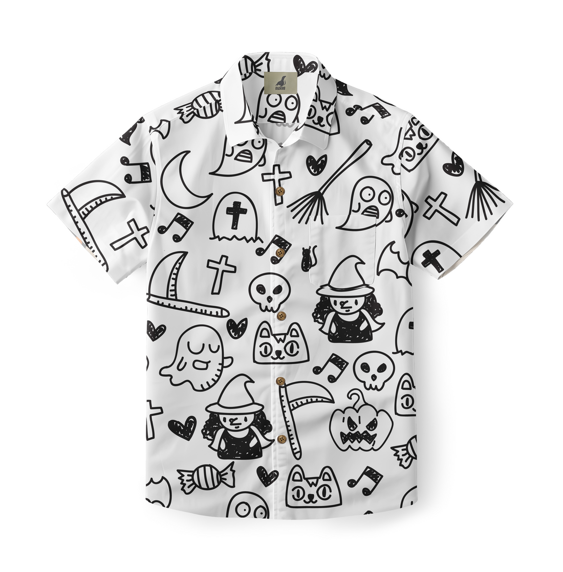 White short-sleeve shirt with black Halloween-themed doodles.