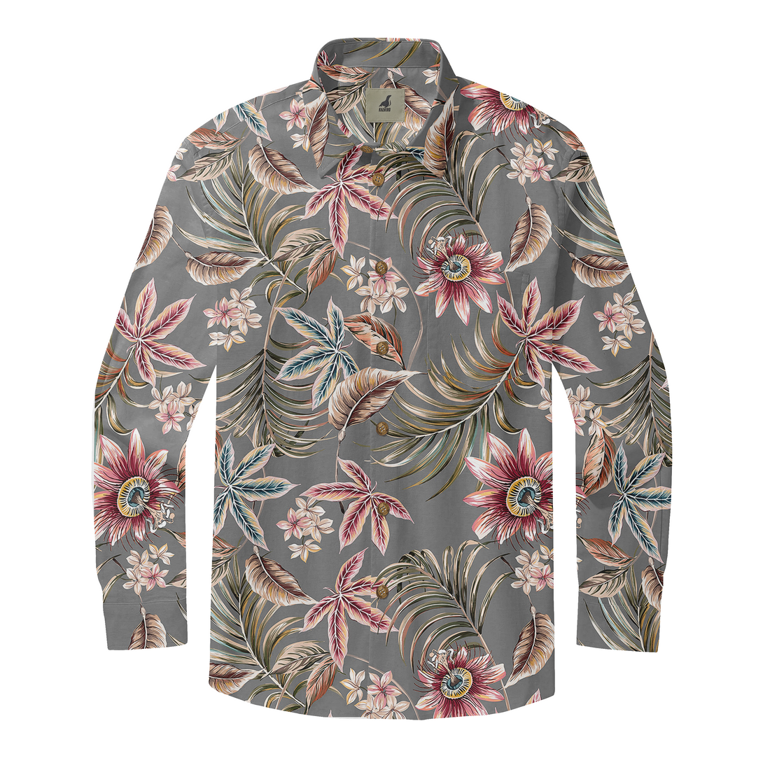 Gray long-sleeve shirt with vibrant tropical floral and leaf pattern.