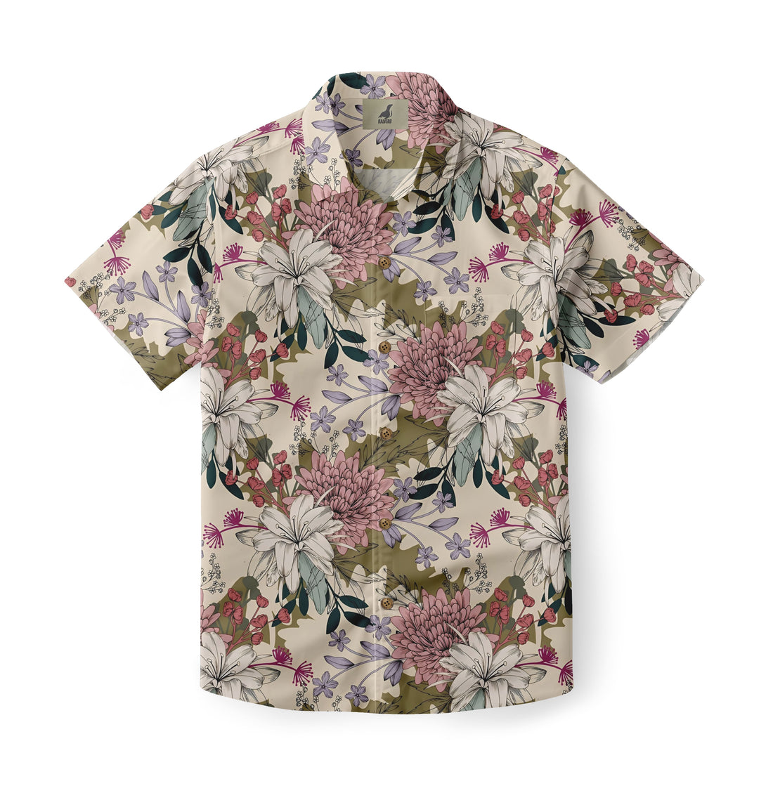 Beige short-sleeve shirt with pink, white floral pattern.