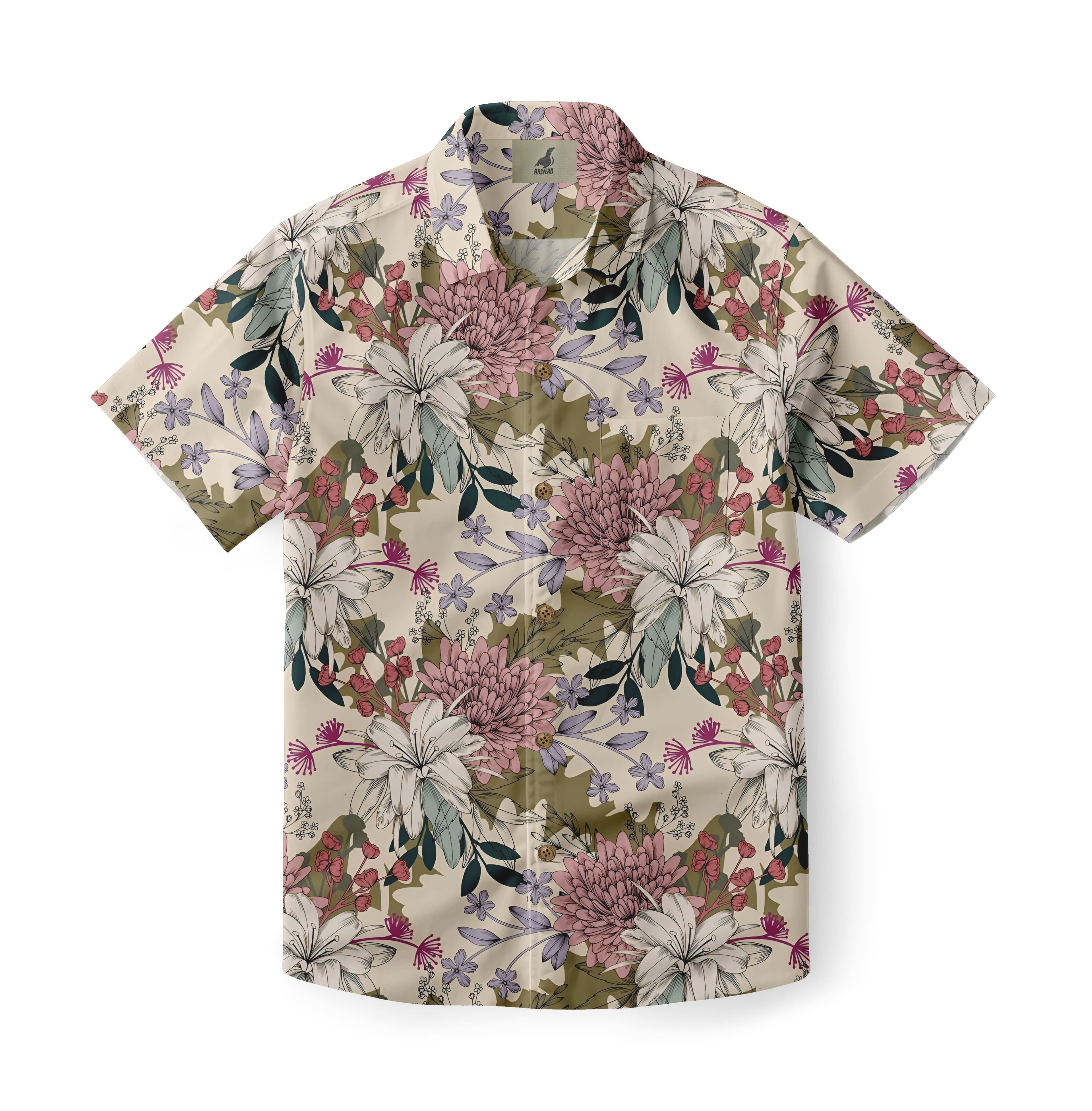 Beige short-sleeve shirt with pink, white floral pattern.