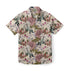 Beige short-sleeve shirt with pink, white floral pattern.