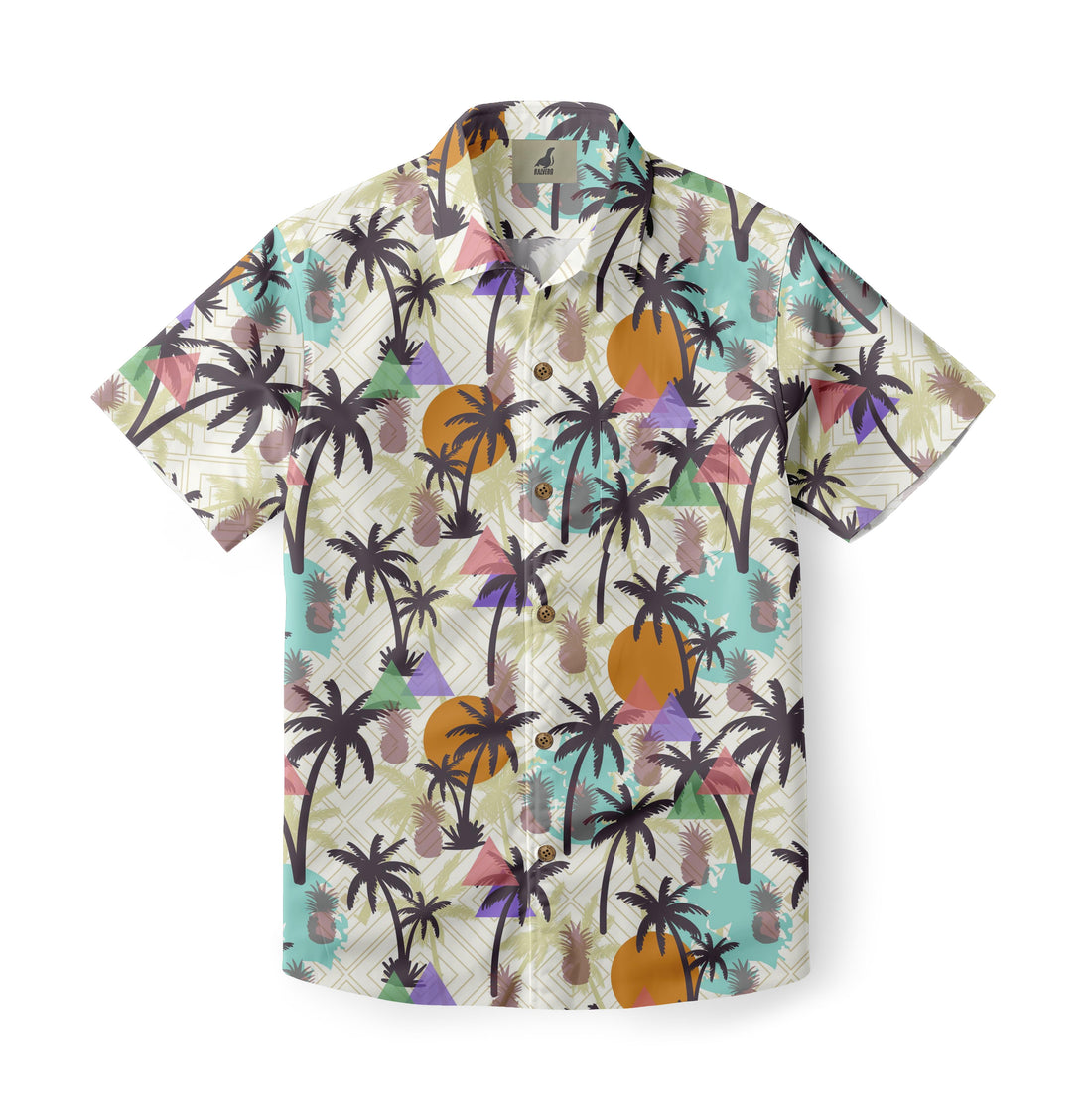 Colorful tropical print shirt with palm trees and pineapples.