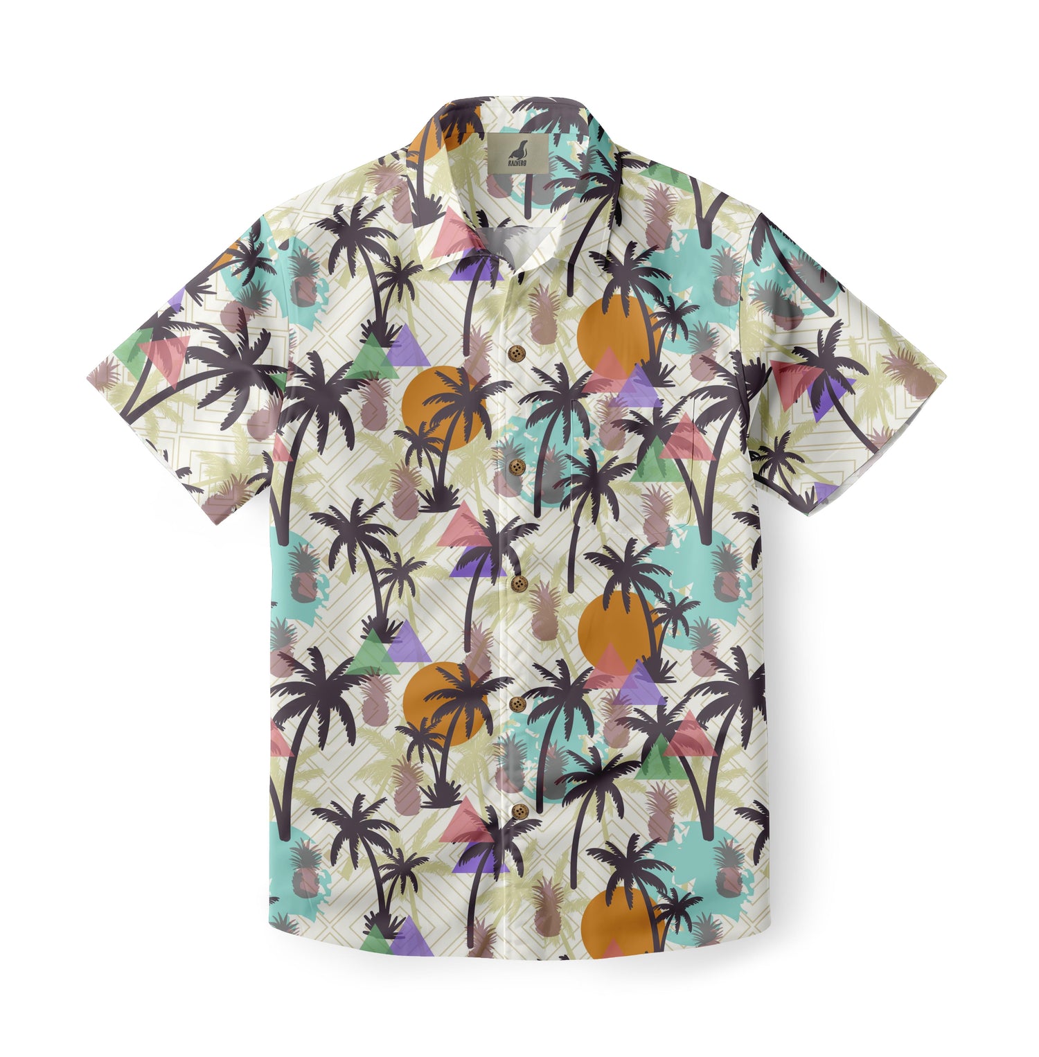 Colorful tropical print shirt with palm trees and pineapples.